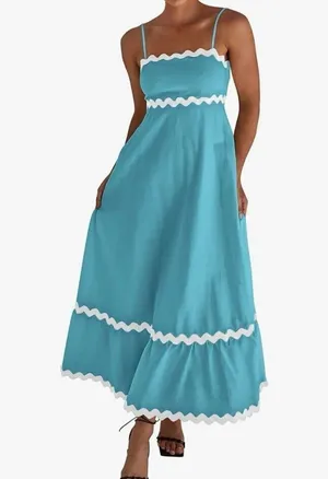 NEW Sleeveless Spaghetti Strap Smocked Rickrack Midi Dress L thumbnail 1