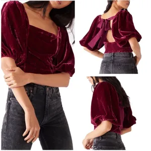 Free People Marie Velvet Open Back Crop Top‎ Balloon Sleeves Red Small NWT thumbnail 2