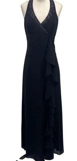 Vintage Y2k Rhinestone Halter Ball Gown V Neck Surplice Ruffle Front Black 4 thumbnail 1