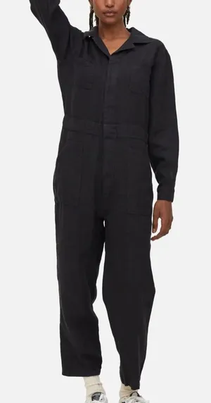 $248‎ Mate the Label 100% Organic Linen Black Long Sleeve Jumpsuit Small Natural thumbnail 1