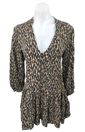 ZARA Black Tan Animal Print V-Neck Balloon Sleeve Flounce Hem Mini Shift Dress M thumbnail 1