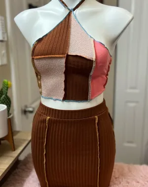 Women’s Patchwork Halter Crop Top & Ribbed Skirt Set XS Brown Pink Two Piece Out thumbnail 1