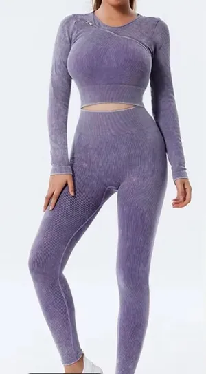 Seamless Cutout Ribbed Leggings Set - Purple thumbnail 1