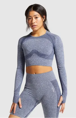Gymshark Flex Sport Navy Marled Blue Long Sleeve Yoga Athletic Crop Top Size S thumbnail 1