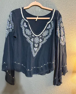 Free People Chic Embroidered Women's Blouse in Navy thumbnail 1