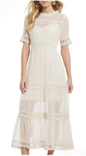 Chelsea Violet‎ Midi Dress XS Lace Ivory Boho Cottagecore Feminine Swiss Dot thumbnail 1