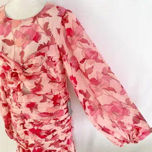 New Floral Print Twist Keyhole Front Long Sleeve Dress Pink Size XL thumbnail 11