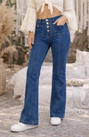Women’s High Waisted Denim Jeans Size L Button Front Bootcut Blue thumbnail 1