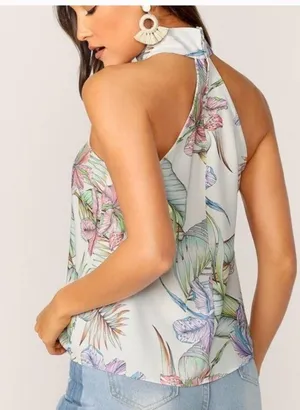New- Medium off-white floral crêpe high neck halter top thumbnail 4