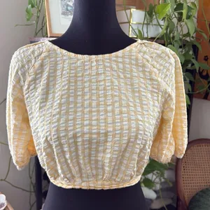 Urban Outfitters Yellow Gingham Cropped Pouf Shoulder Preppy Back Tie Top thumbnail 1
