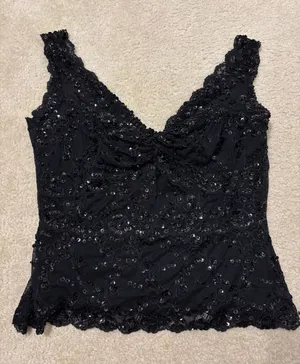 Boston Proper Y2K Black Beaded Lace Tank Top thumbnail 1