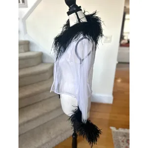 Y2K White Sheer & Black Feather Trim Tie Cardigan Cher Clueless Whimsygoth thumbnail 3