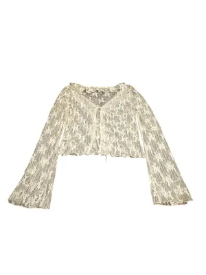Women’s Ivory Lace Ruffle Blouse Flare Sleeve Tie Front Festival Feminine thumbnail 5