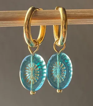 Handmade retro vintage chic whimsical style quality Czech glass beads 2WAY hoop dangle earrings🩵 thumbnail 4
