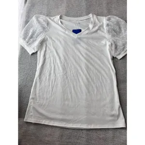 V Neck Short‎ Sleeve Puff Sleeve White Blouse Womans L Casual Loose Shirts thumbnail 4