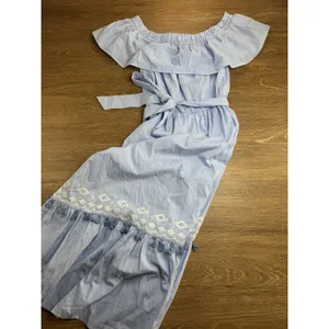 Flying Tomato Dress Women's L Blue White Pinstripe Off Shoulder Embroidered Boho thumbnail 3