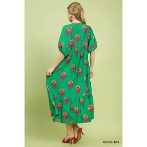 Umgee Floral Print Midi Dress - Green - Small thumbnail 3