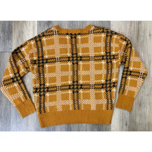 ASTR The Label Plaid Knit Sweater Mustard Brown V Neck Cropped Women’s Medium thumbnail 2