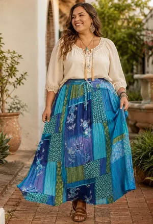 Phool Patchwork Boho Maxi Skirt Sz XL Hippie Festival Crinkly Lagenlook Blue thumbnail 1