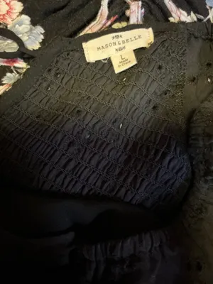 Mason & Belle Black Smocked Puff Sleeve Top Lace Up Back Crop Blouse Size L thumbnail 2