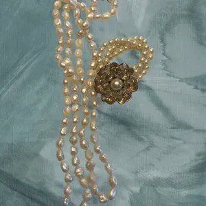 Faux Pearl Jewelry Set- Long Necklace and Floral Bracelet thumbnail 2