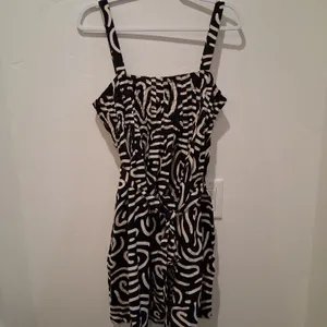 Banana Republic Factory Linen Blend Mini Dress Abstract Black/Beige sz M Pockets thumbnail 2