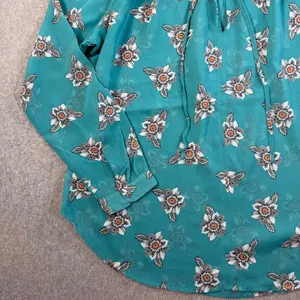 LOFT Outlet Women's Medium Sheer Teal Floral Ruffle Tie Neck Blouse Top thumbnail 3