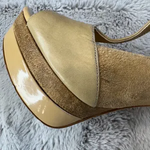 Jessica Simpson‎ Tan Gold Suede Patent Platform T-Strap Peep Toe Heels 7.5B thumbnail 16