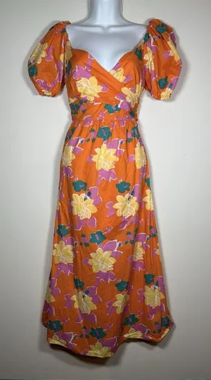 PETAL + PUP Neon Gardens Floral Midi‎ Dress Size 2 Orange Yellow Resort Summer thumbnail 1