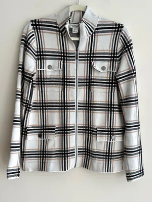 Rachel Zoe Women’s Plaid Sweater Jacket, Black/White/Tan, Fall Outerwear, Large thumbnail 1