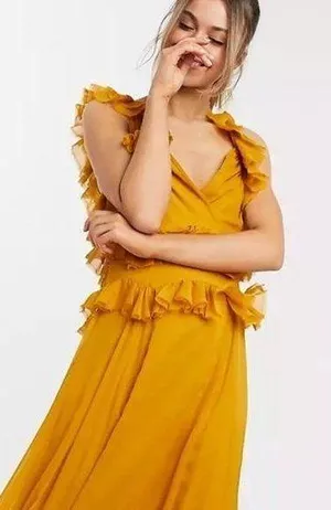 ASOS DESIGN Tiered Ruffle Dress, Mustard, 2 thumbnail 1