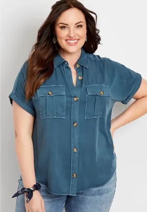 Maurices Blue Utility Top L Short Sleeve Button Front 100% Rayon Relaxed‎ Fit thumbnail 1