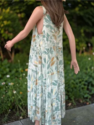 A New Day Sage Abstract Floral Tiered Maxi Dress Large 100% Rayon Boho thumbnail 5