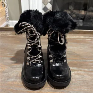 INC Hannia Patent Faux Fur Lace-Up Wedge Booties‎ Black Size 5.5 NIB thumbnail 7