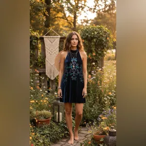 Free People Velvet Embroidered Halter Mini Dress Navy Blue Floral Sequin thumbnail 3