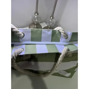 Sage Green and White Striped Canvas‎ Beach Tote Bag with Rope Handles Zip Top thumbnail 7