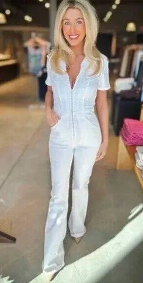 FREE PEOPLE Jayde Denim Flared Jumpsuit in Pure White Size Large thumbnail 2