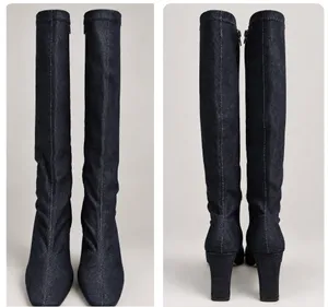 Knee High dark navy denim heeled boots Blue Size 8.5 thumbnail 4
