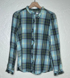 Loft Women's Green Plaid‎ Ruffle Neck Long Sleeve Cotton Shirt Size Medium thumbnail 1