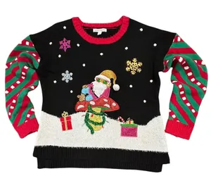 Celebrate Together Santa Mushroom Christmas Sweater Festive Black Sequin XL thumbnail 1