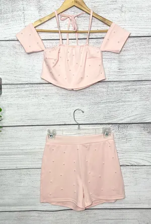 Pink Pearl Two-Piece Set Embellished Off Shoulder Crop Top & Shorts Size Small thumbnail 1