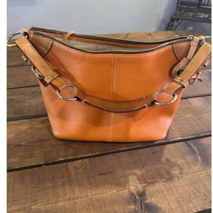 Dooney and Bourke Orange/Tan Pebbled Leather O-Ring Slouch Hobo Bag thumbnail 2