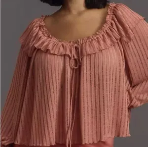 By Anthropologie Sheer Striped Blouse Top plus XXL 2X NEW BOHO rose long sleeve thumbnail 3