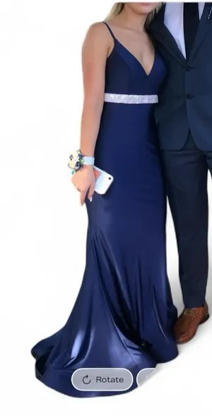 Navy blue Faviana formal / prom / maxi dress with silver beaded belt. Size: 0. thumbnail 1