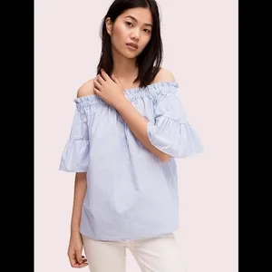 Kate Spade‎ Broome Street Off Shoulder Blue White Striped Bell Sleeve Top M thumbnail 2