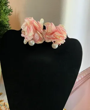 Pink flower earrings with pearl thumbnail 4