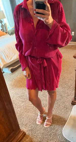Umgee Fuchsia Pleated Shirt Dress Medium Belted Button Front Long Sleeve thumbnail 1