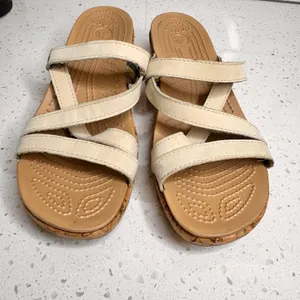Crocs A-Leigh Mini‎ Cream Strappy Cork Wedge Sandals Size 10 Tan Slide thumbnail 2
