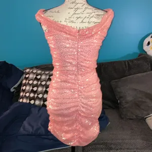 Lucy in the Sky Los Angeles Iridescent Sequin Off Shoulder Dress in Coral thumbnail 7