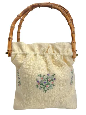 Vintage Monogram “S” Embroidered Cross Stitch Bamboo Handle Cottagecore Bag thumbnail 2